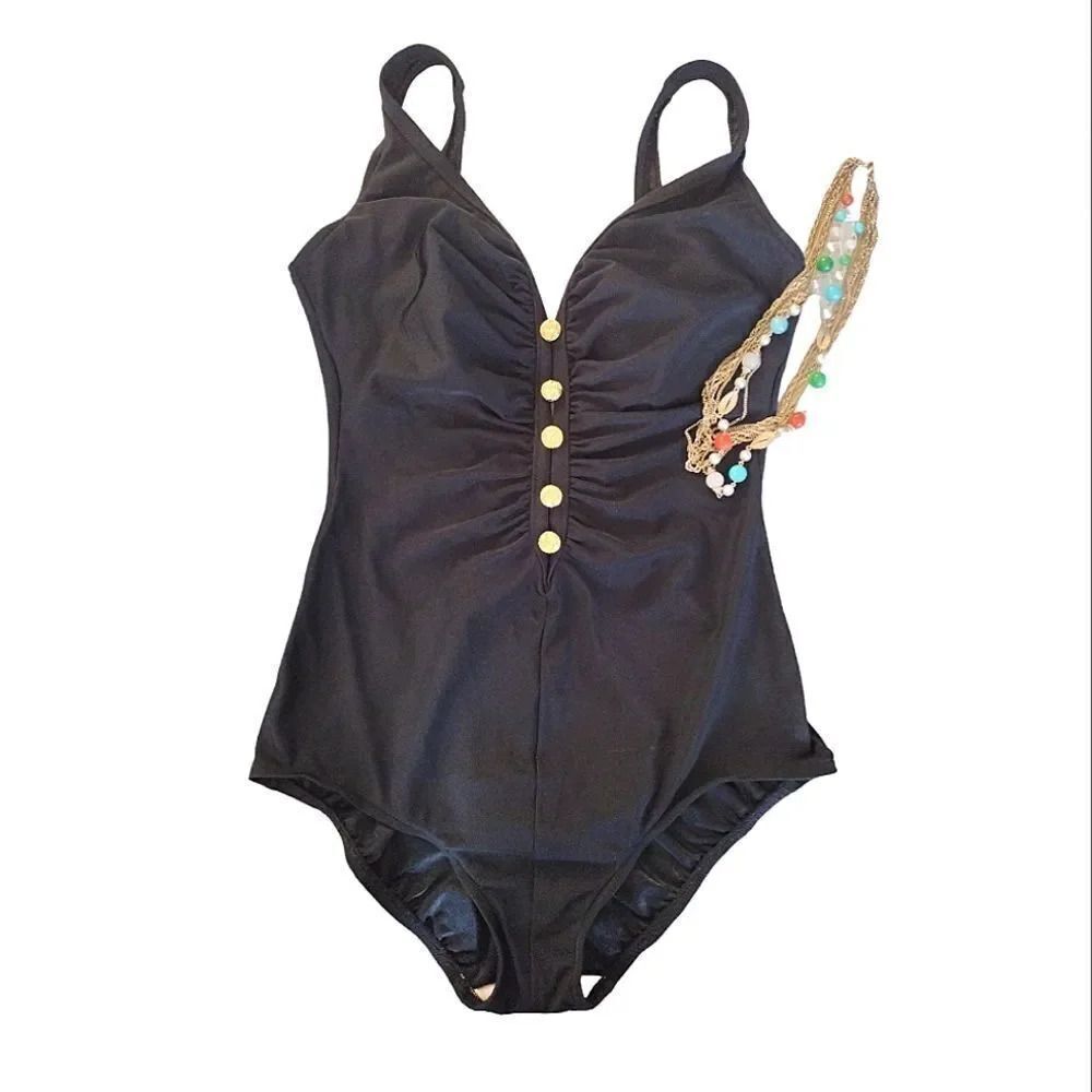 VTG Black Gold Buttons Cut Outs One Piece Swimsuit SZ 14 *Med 80s Union Made